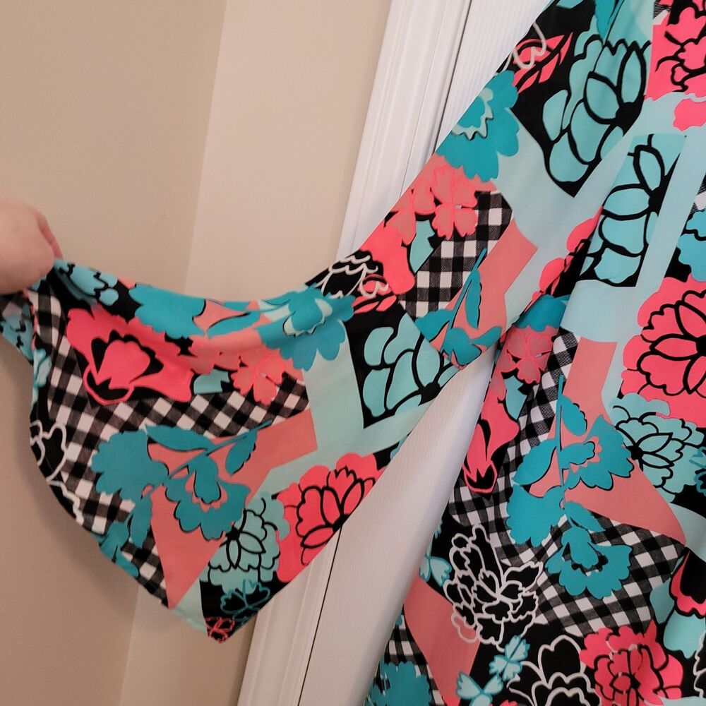 Kaari Blue Multi Color Flower Print Lace Up With Bell Sleeve Dress Size M - Picture 4 of 4